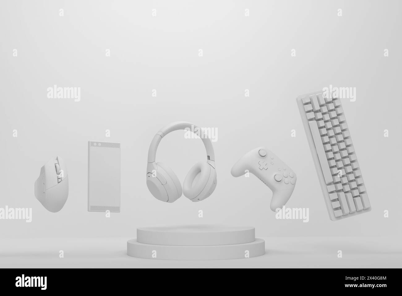 Set of video game joystick, phone and headphones on monochrome podium ...