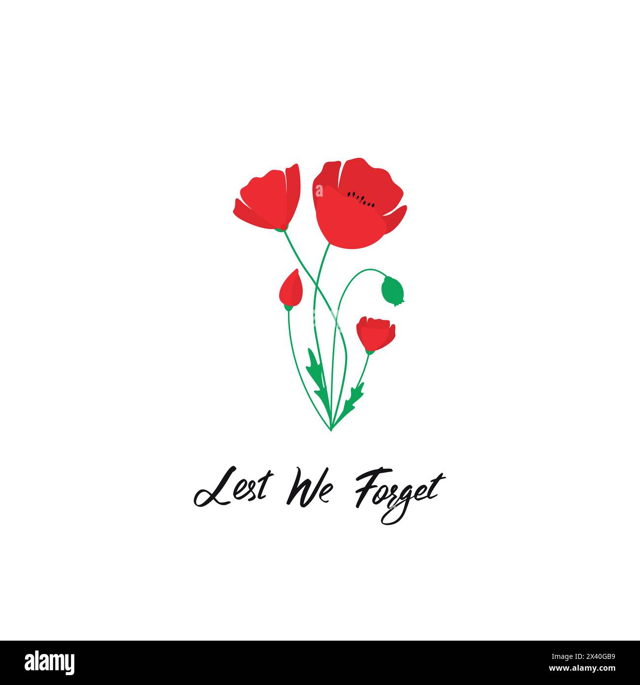 Anzac Day vector banner. Red Poppy flower illustration and lettering - Lest We forget.  Symbol of International Day of Remembrance. Poppy for Armistic Stock Vector