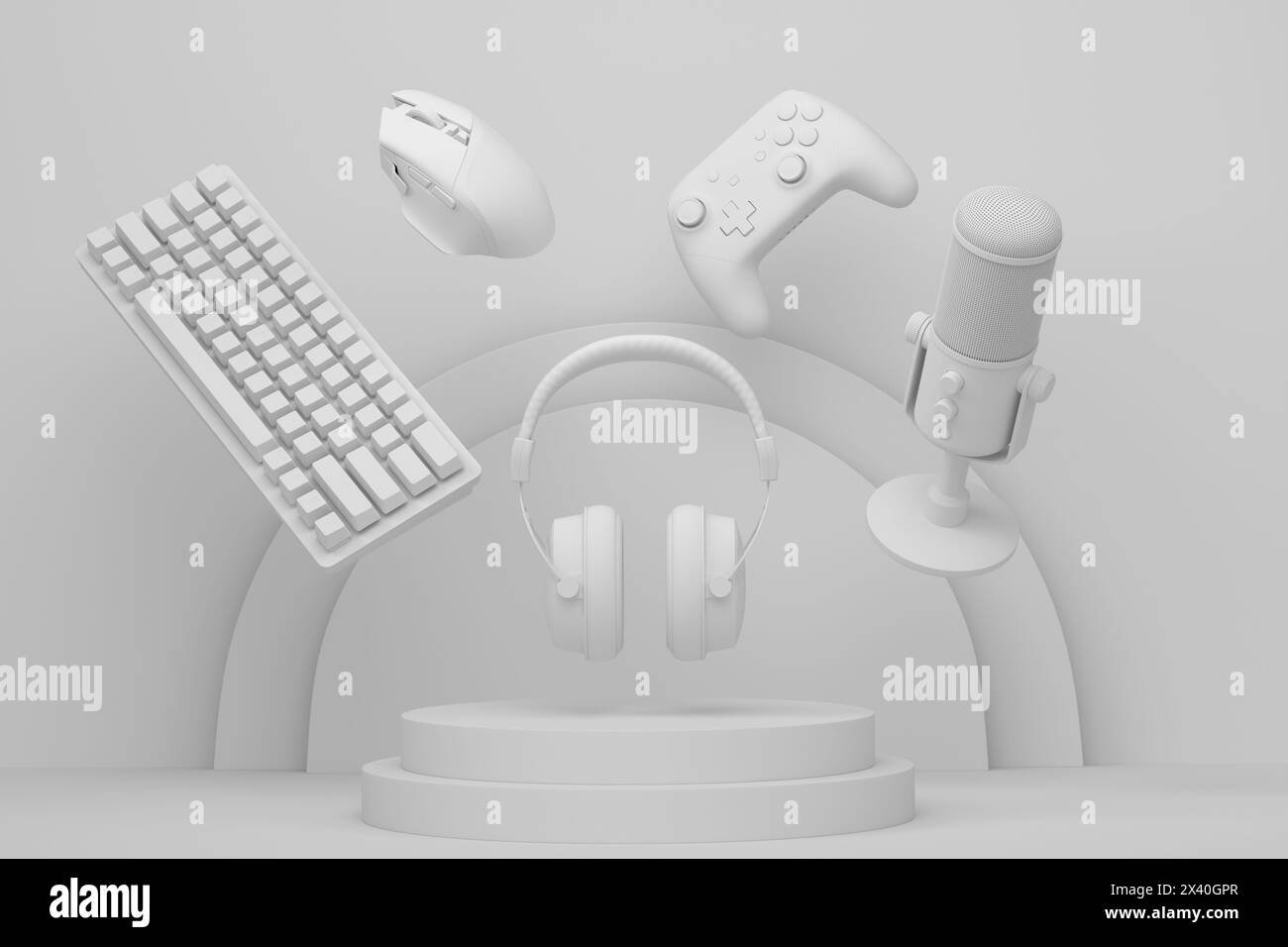 Set of video game joystick, microphone and headphones on monochrome ...