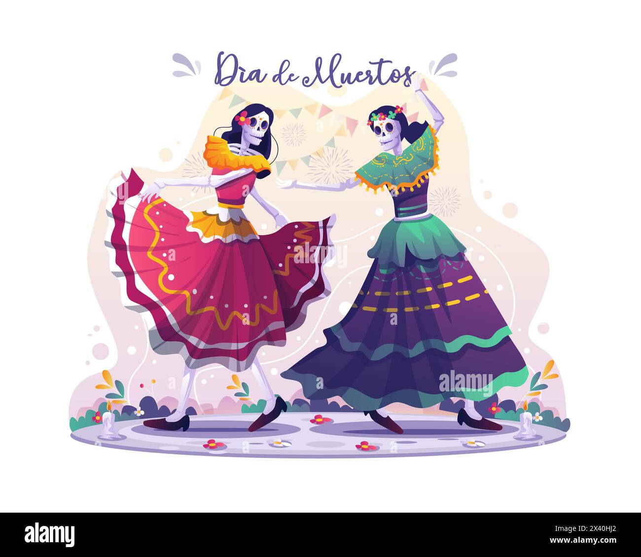 Two female skull dancers dancing together celebrating Day Of Dead Traditional Mexican Halloween Dia De Los Muertos Holiday Party. vector illustration Stock Vector