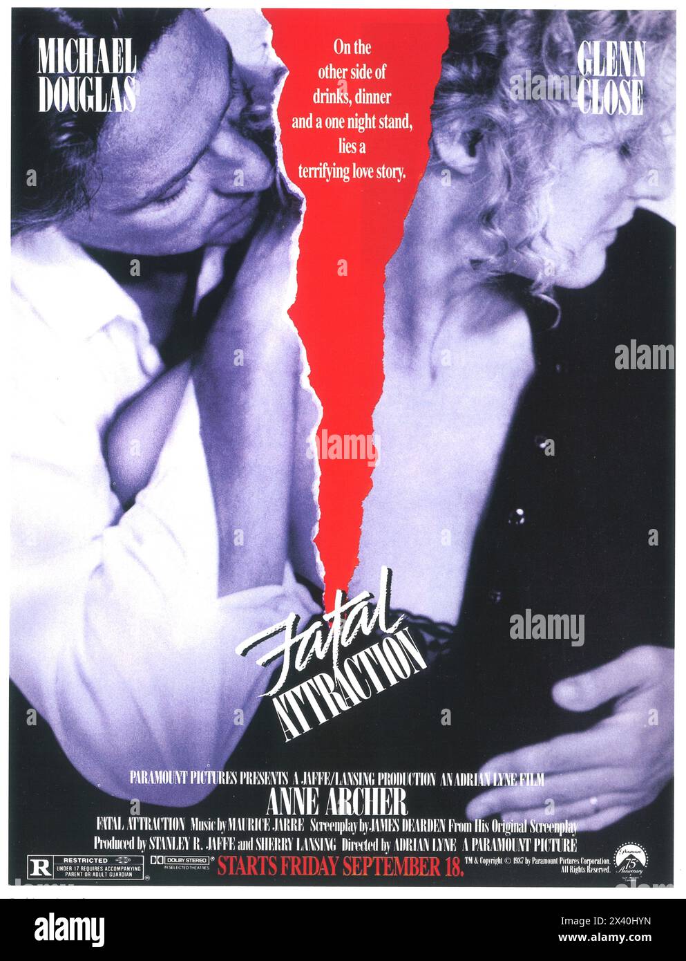 1987 Fatal Attraction original film poster, dir Director: Adrian Lyne, stars Michael Douglas, Glenn Close Stock Photo