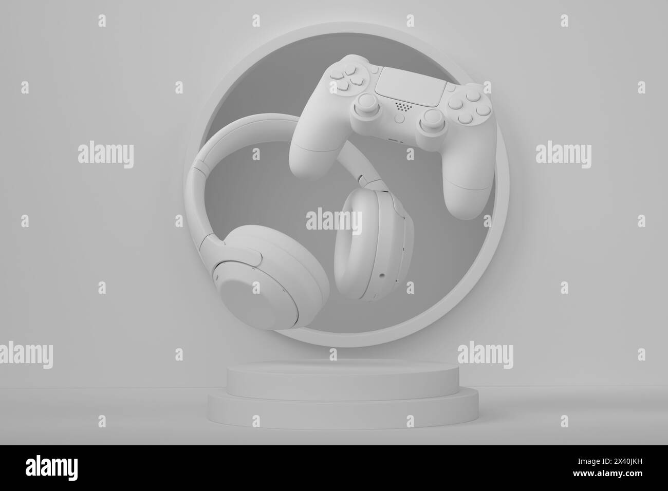 Set of video game joystick and headphones on monochrome podium Stock ...