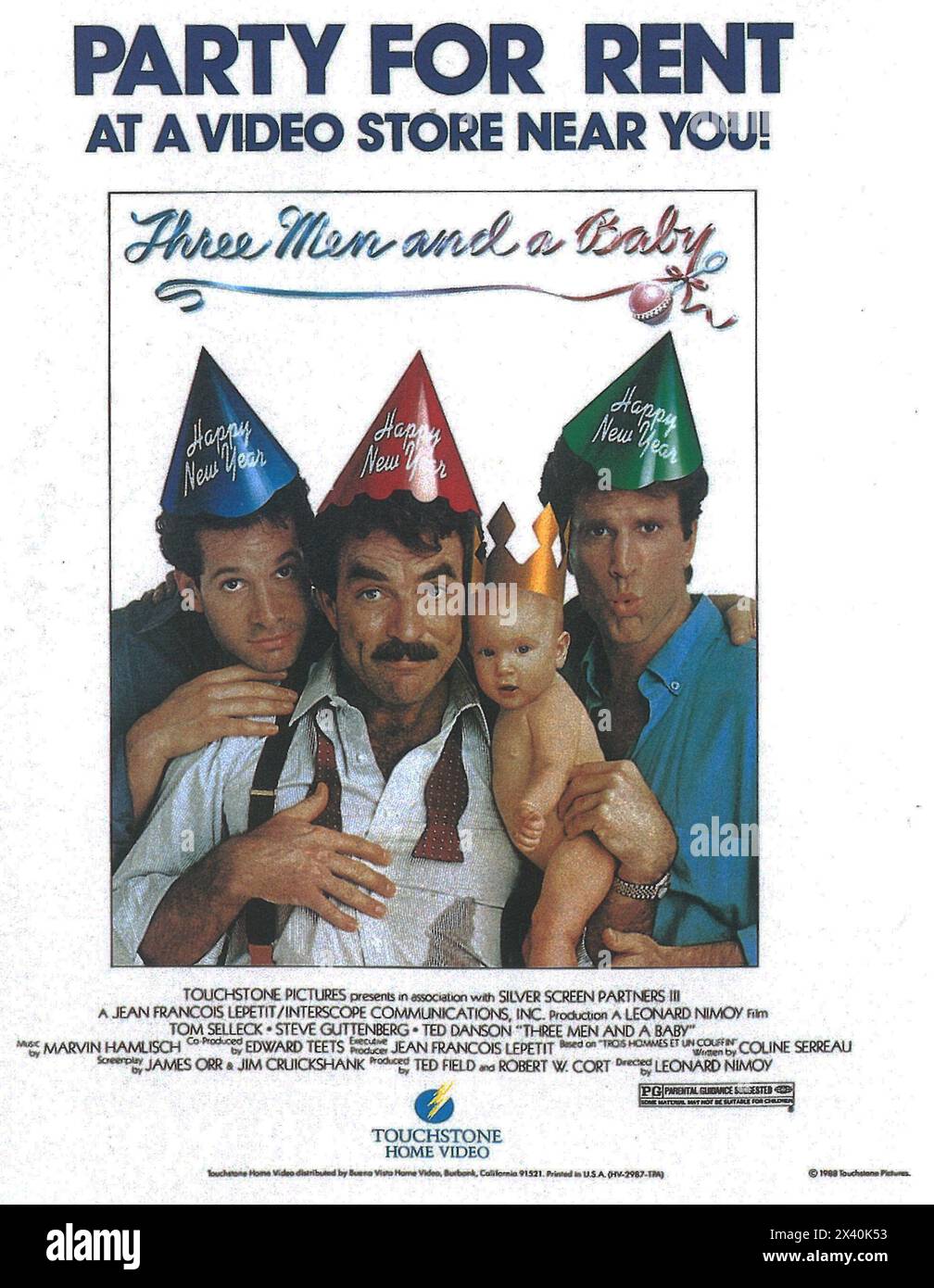 1989 Three Men and a Baby film poster, Director: Leonard Nimoy - A Party for Rent at a video store near you Stock Photo