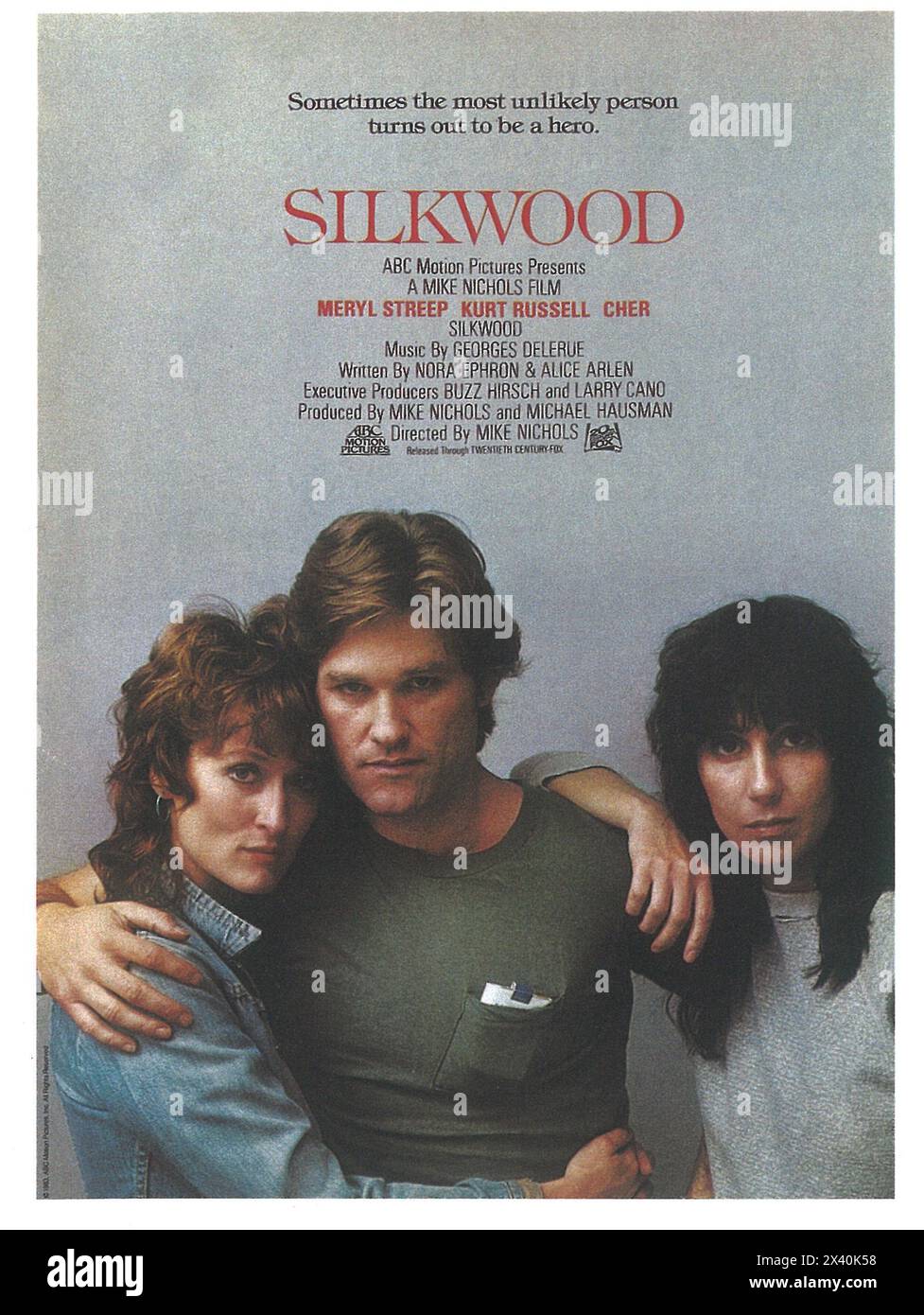 1983 Silkwood film poster with Meryl Streep, Kurt Russell release, dir by Nike Nichols Stock Photo