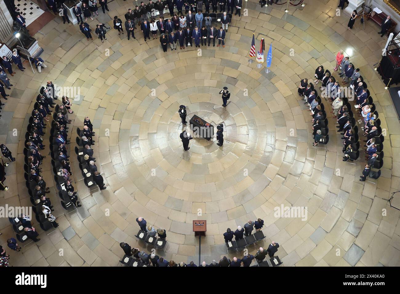 Washington, United States. 29th Apr, 2024. A military carry team carries the remains of retired Army Col. Ralph Puckett, the last surviving Medal of Honor recipient for acts performed during the Korean War, to lie in honor in the Rotunda at the U.S. Capitol in Washington DC, on Monday, April 29, 2024. Puckett died on April 8, at his home in Columbus, Ga., at the age of 97. Pool photo by Kevin Dietsch/UPI Credit: UPI/Alamy Live News Stock Photo