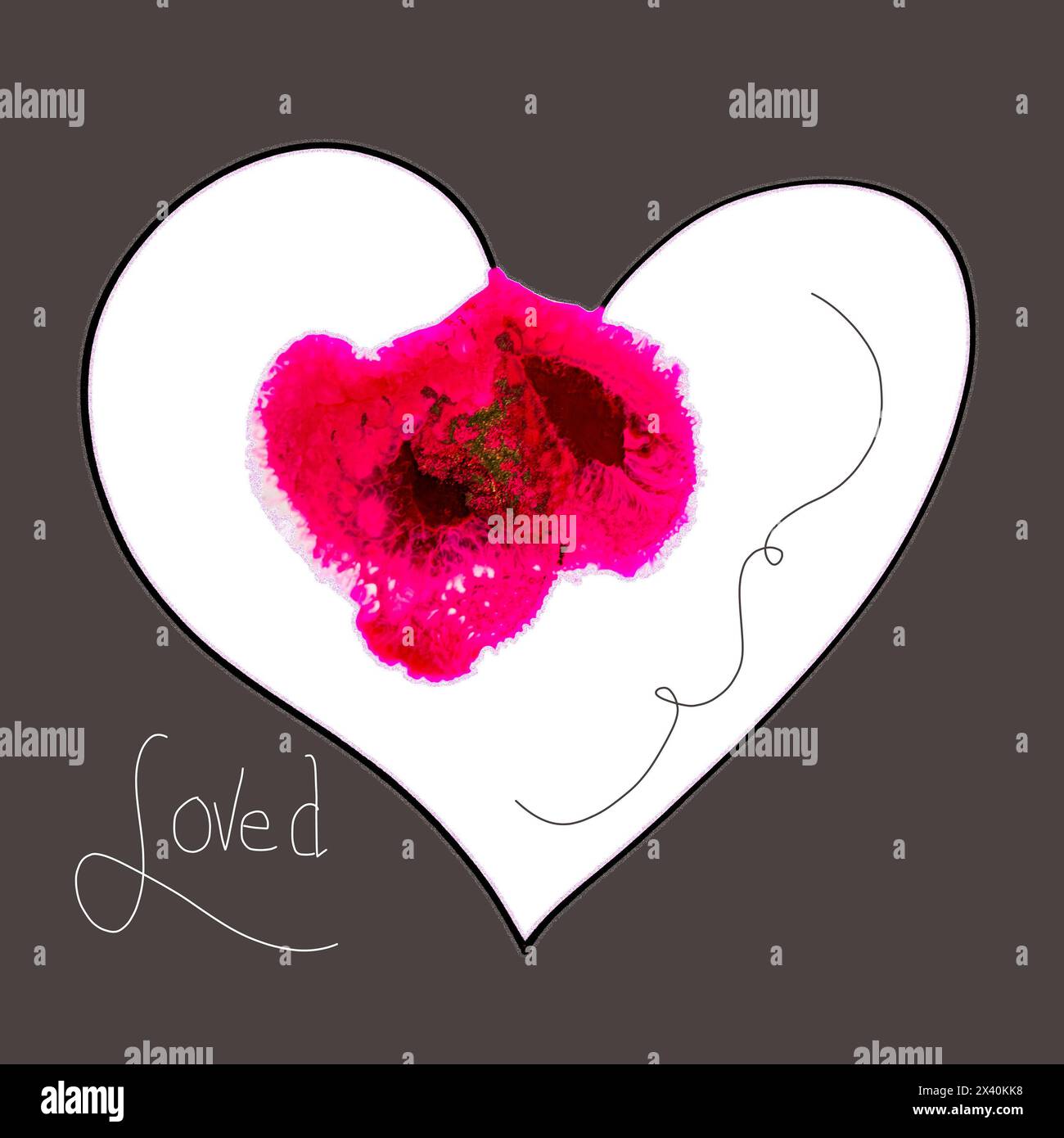 Ink art, Ink Hearts, with pink and red floral influences on a black background with the word 'Loved'; Artwork Stock Photo