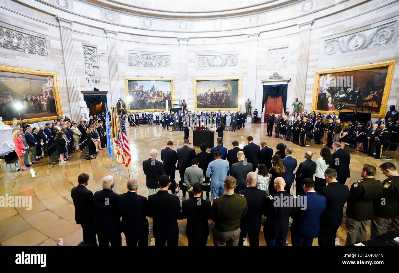 Washington, United States. 29th Apr, 2024. A ceremony is held honoring retired Army Colonel Ralph Puckett Jr., the last surviving Medal of Honor recipient for acts performed during the Korean War, in the Rotunda at the U.S. Capitol in Washington DC, on Monday, April 29, 2024. Puckett died on April 8, at his home in Columbus, Ga., at the age of 97. Pool photo by Shawn Thew/UPI Credit: UPI/Alamy Live News Stock Photo