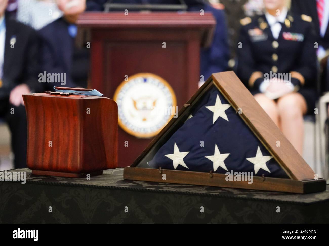 Washington, United States. 29th Apr, 2024. An urn bearing the remains of retired Army Colonel Ralph Puckett Jr., the last surviving Medal of Honor recipient for acts performed during the Korean War, is seen in the Rotunda at the U.S. Capitol in Washington DC, on Monday, April 29, 2024. Puckett died on April 8, at his home in Columbus, Ga., at the age of 97. Pool photo by Shawn Thew/UPI Credit: UPI/Alamy Live News Stock Photo