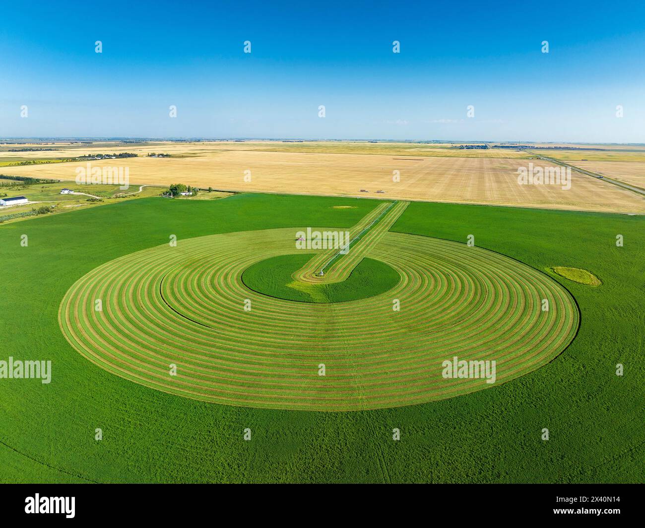 Aerial view of a green field being cut in a circular pattern with