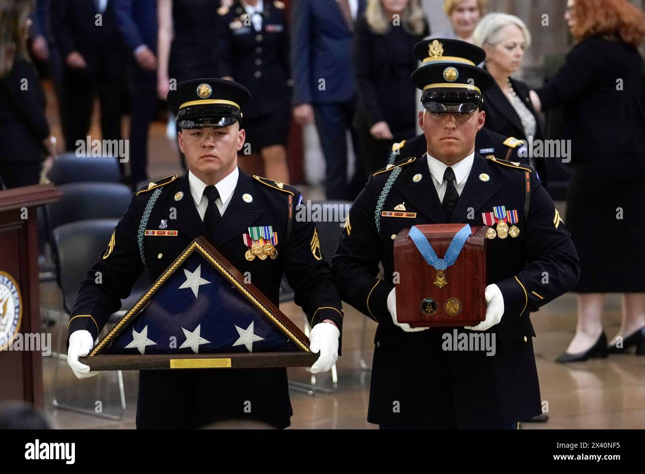 Washington, United States. 29th Apr, 2024. A military carry team carries the remains of retired Army Col. Ralph Puckett, the last surviving Medal of Honor recipient for acts performed during the Korean War, to lie in honor in the Rotunda at the U.S. Capitol in Washington DC, on Monday, April 29, 2024. Puckett died on April 8, at his home in Columbus, Ga., at the age of 97. Pool photo by J. Scott Applewhite/UPI Credit: UPI/Alamy Live News Stock Photo