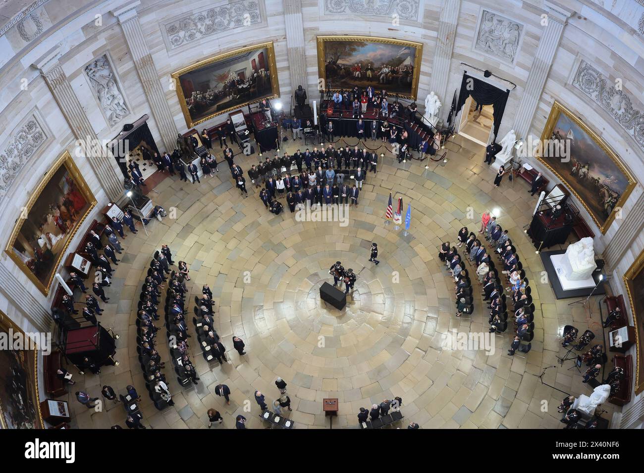 Washington, United States. 29th Apr, 2024. A military carry team carries the remains of retired Army Col. Ralph Puckett, the last surviving Medal of Honor recipient for acts performed during the Korean War, in the Rotunda at the U.S. Capitol in Washington DC, on Monday, April 29, 2024. Puckett died on April 8, at his home in Columbus, Ga., at the age of 97. Pool photo by Kevin Dietsch/UPI Credit: UPI/Alamy Live News Stock Photo