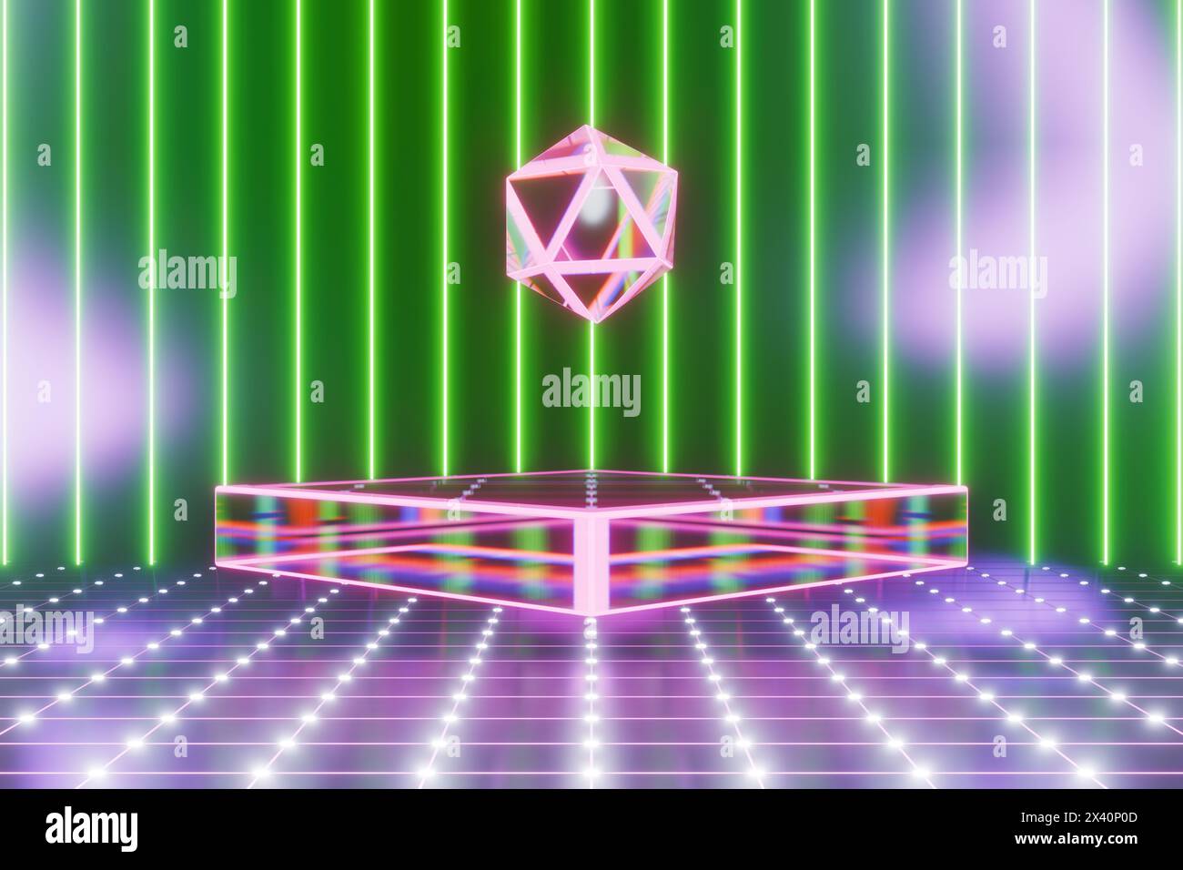 Digital AI technology analysis cube hanging above the podium. 3D rendering Stock Photo
