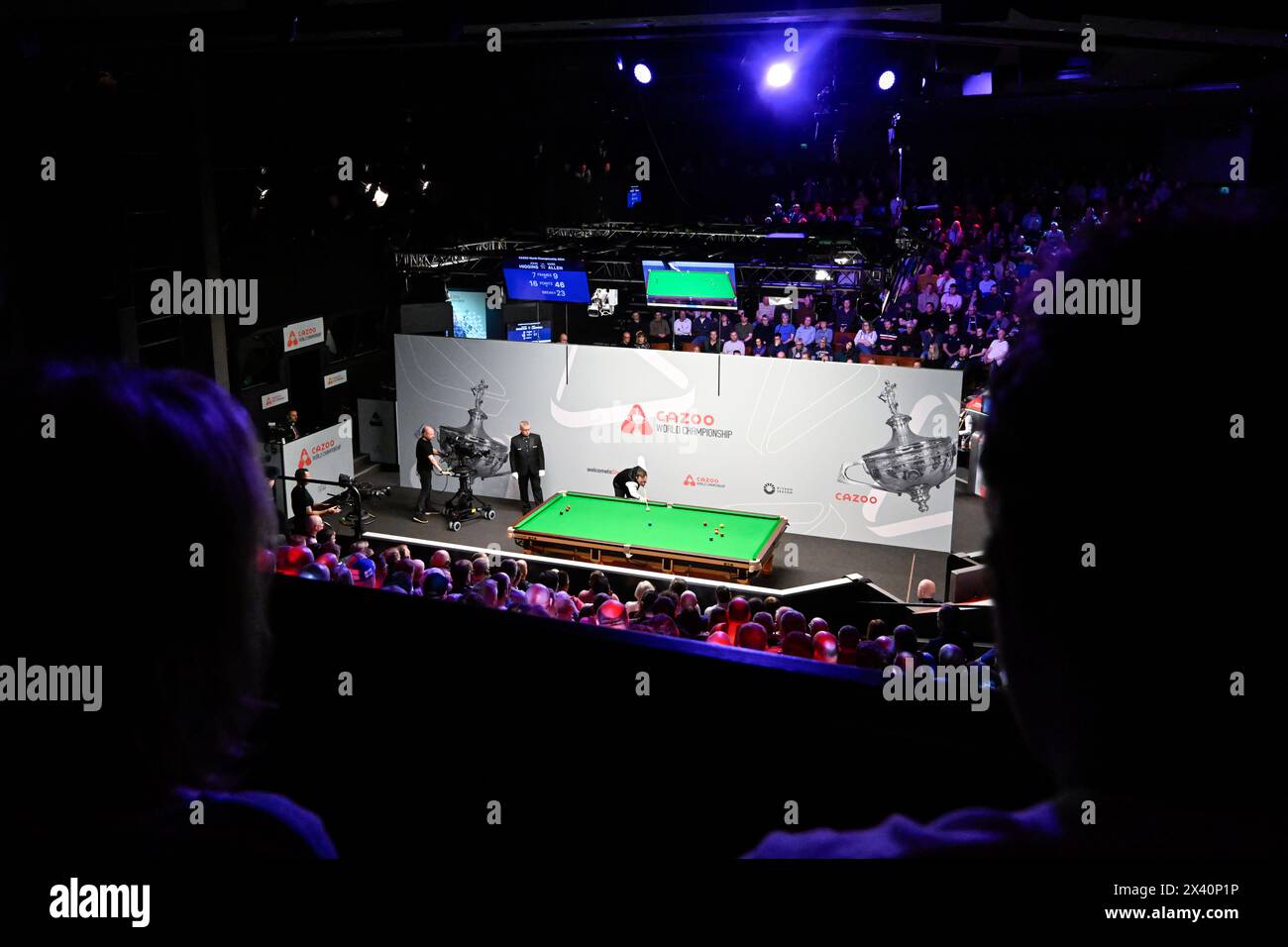 A general view of the Crucible Theatre while Mark Allen takes a shot, during the Cazoo World Championships 2024 at Crucible Theatre, Sheffield, United Kingdom, 29th April 2024  (Photo by Cody Froggatt/News Images) Stock Photo