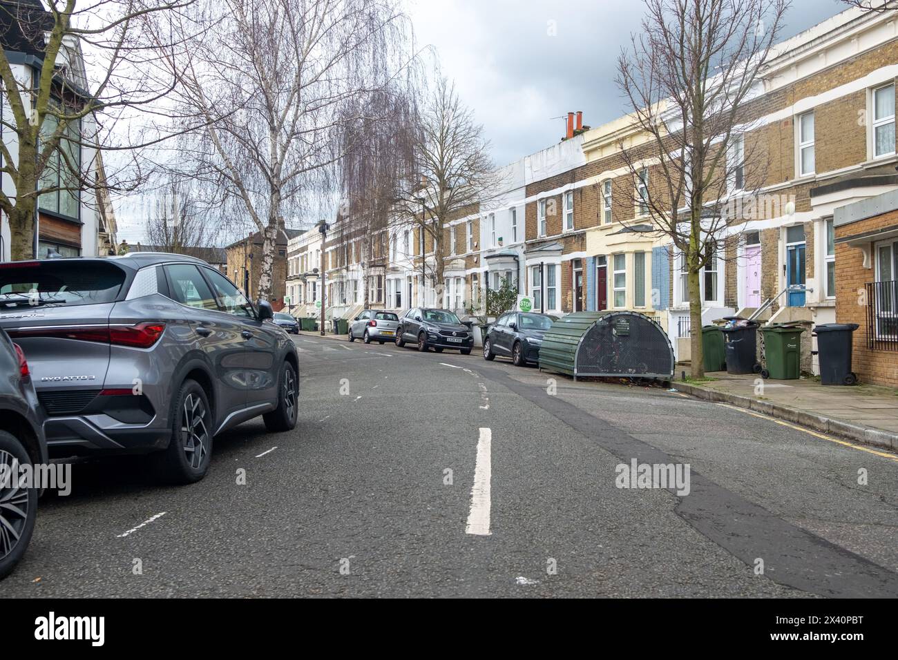 LONDON 5 MARCH , 2024 Residential street of houses on Ferndale Road, Brixton Clapham area in