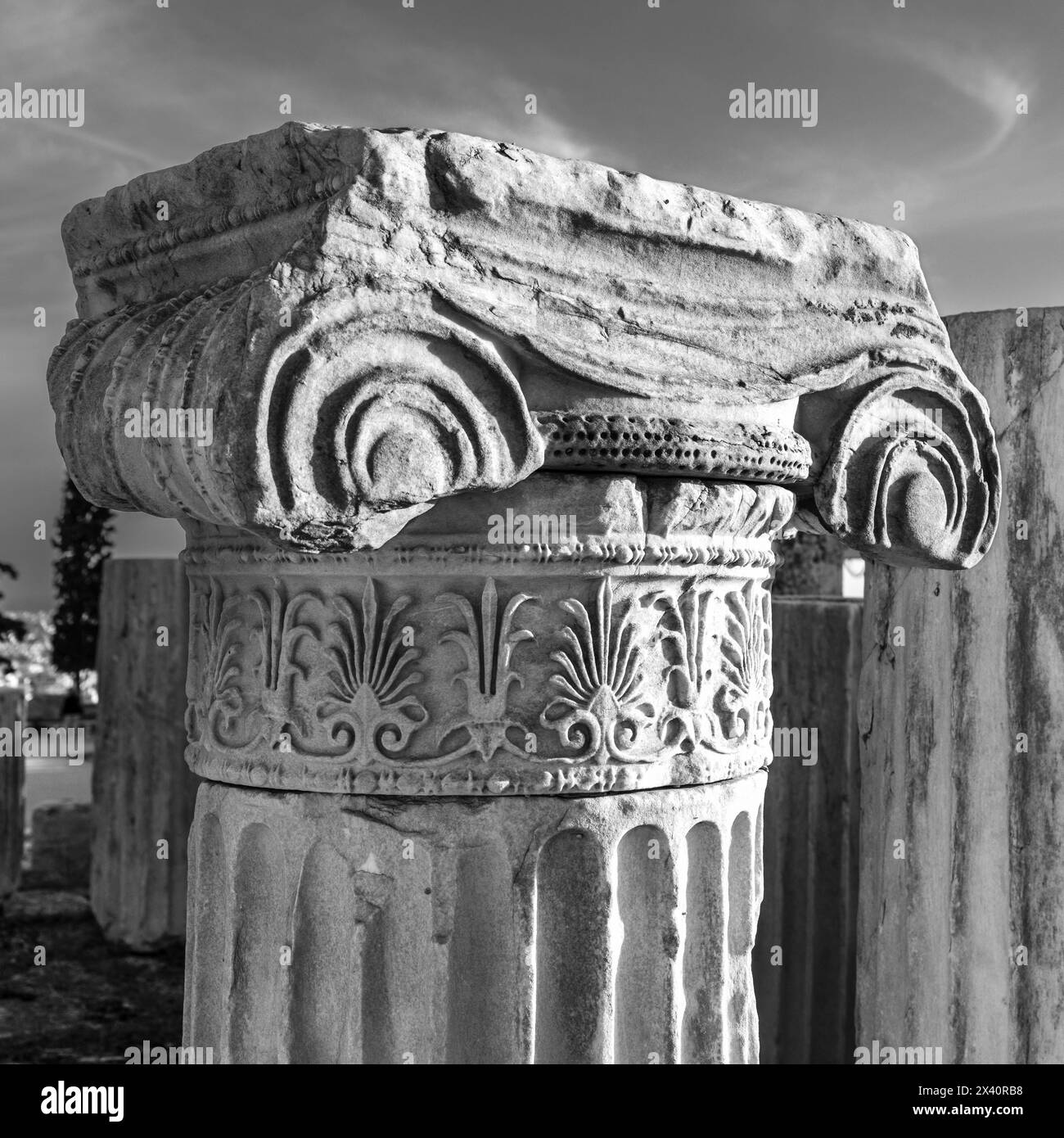 Close-up of the top portion of a Greek column at The Acropolis of ...