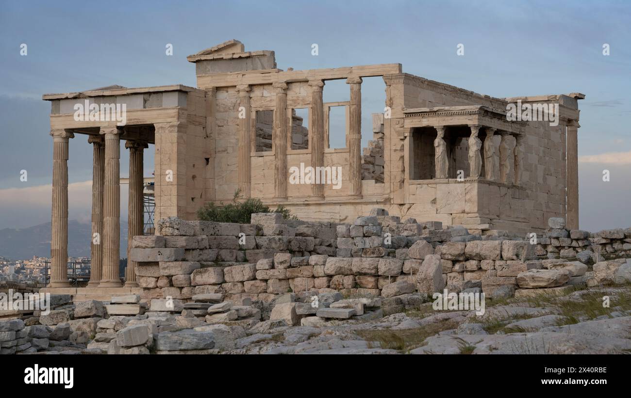Erechtheion (or Temple of Athena Polias) showing Ionic architecture in the Acropolis of Athens; Athens, Greece Stock Photo