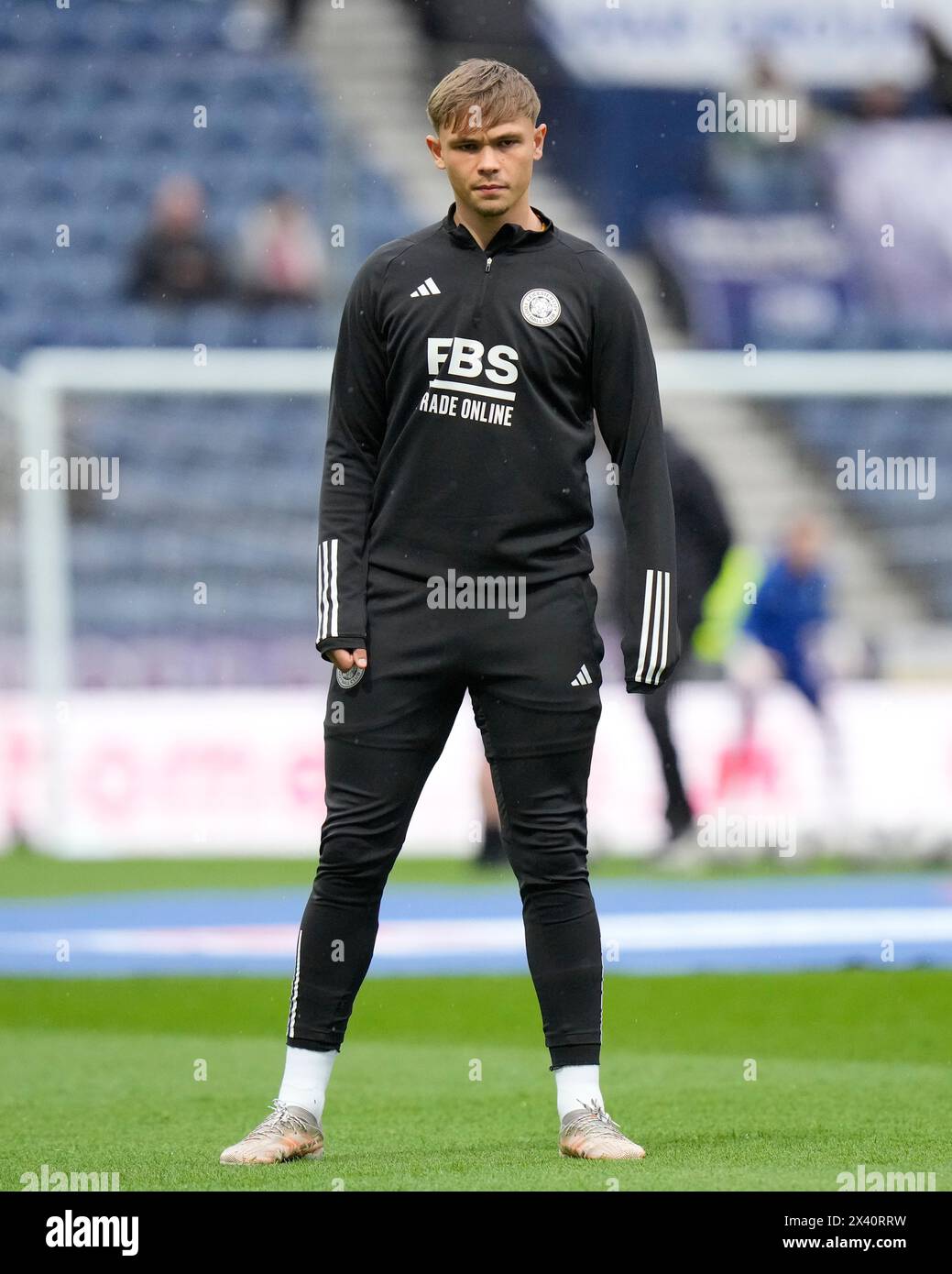 Callum Doyle of Leicester City warms up before the Sky Bet Championship match Preston North End vs Leicester City at Deepdale, Preston, United Kingdom, 29th April 2024  (Photo by Steve Flynn/News Images) Stock Photo