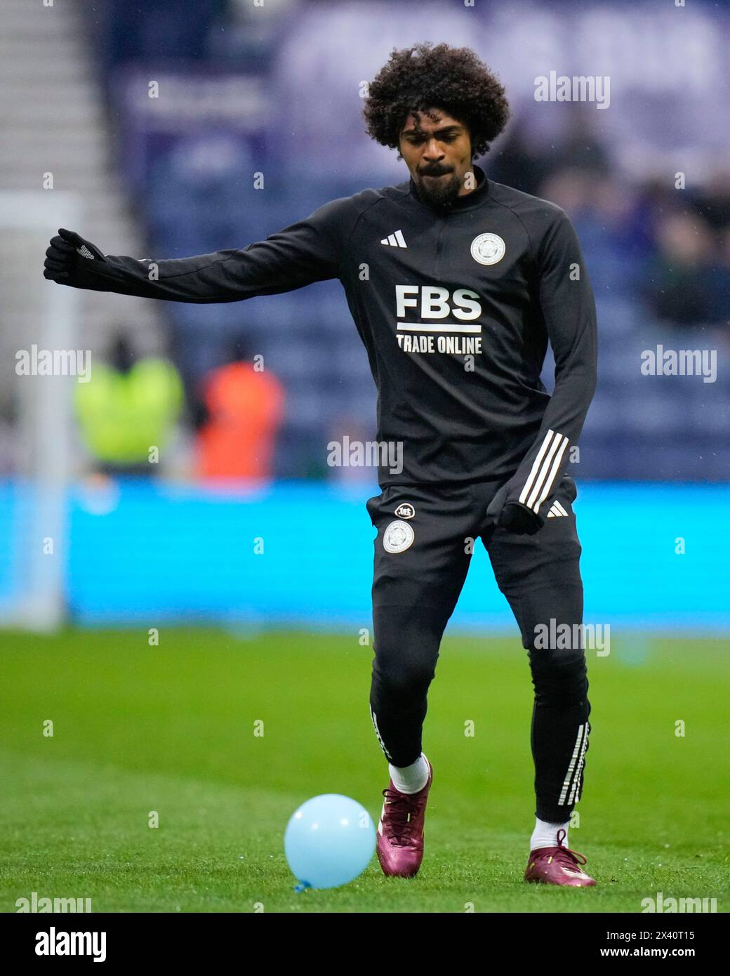 Hamza Choudhury of Leicester City warms up before the Sky Bet Championship match Preston North End vs Leicester City at Deepdale, Preston, United Kingdom, 29th April 2024  (Photo by Steve Flynn/News Images) Stock Photo