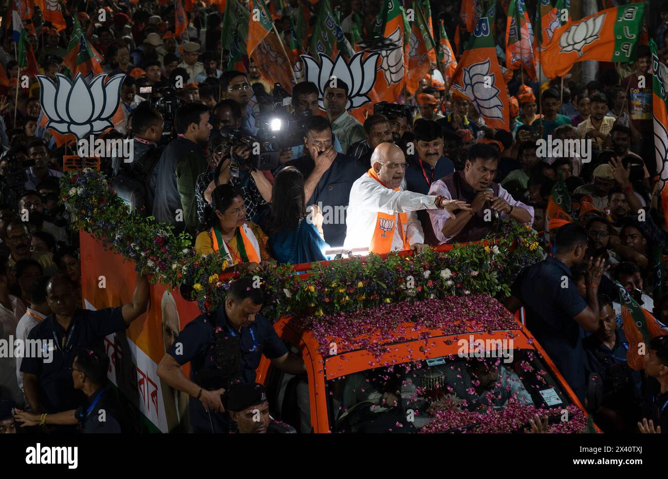 Guwahati, Assam, India on 29 April 2024. Union Home Minister and Bharatiya Janata Party (BJP) leader Amit Shah participate in a roadshow as he campaign ahead of third phase of General Elections, in Guwahati, Assam, India on 29 April 2024. Credit: David Talukdar/Alamy Live News Stock Photo