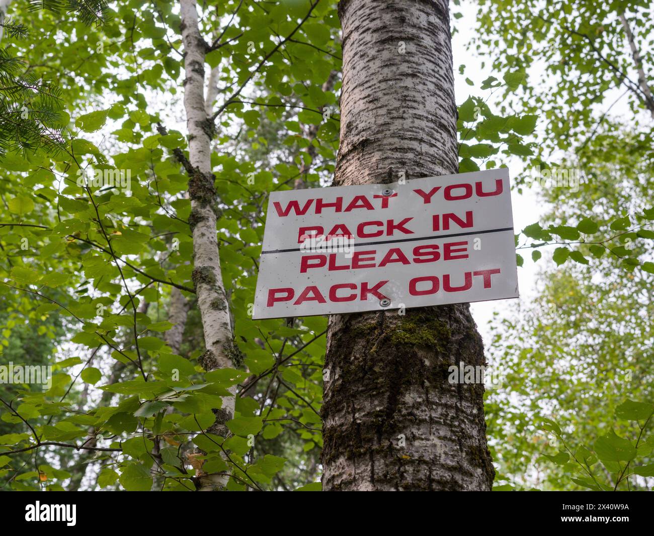 Reminder sign at a campground to clean up, 'what you pack in, please pack out'; Ontario, Canada Stock Photo