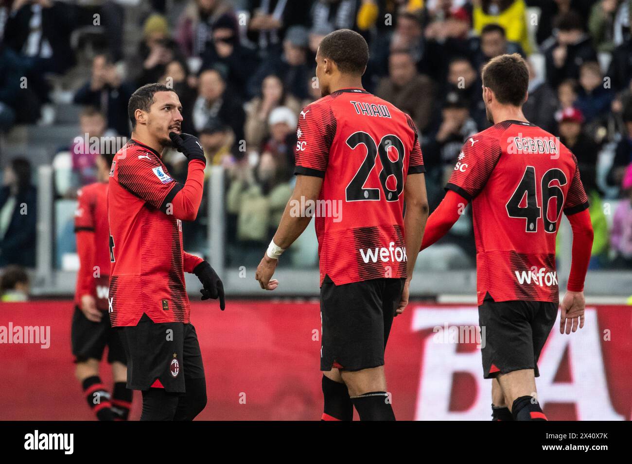 Turin, Italy. 27 April 2024. Italian Serie A Football Championship. Ismael Bennacer, Milan, talking to team mates. Stock Photo