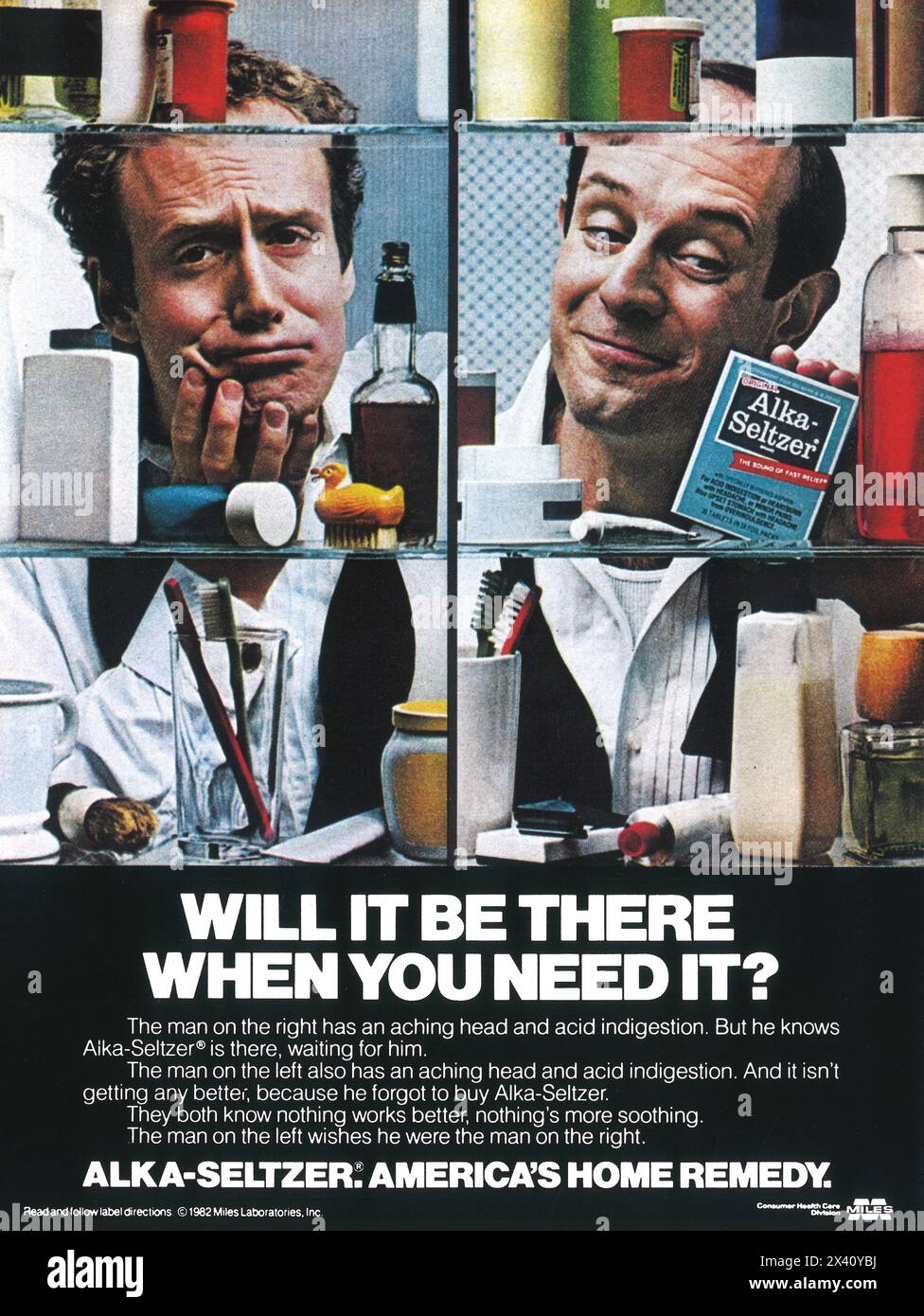 1982 Miles Laboratories Alka-Seltzer Ad - America's home remedy Stock Photo