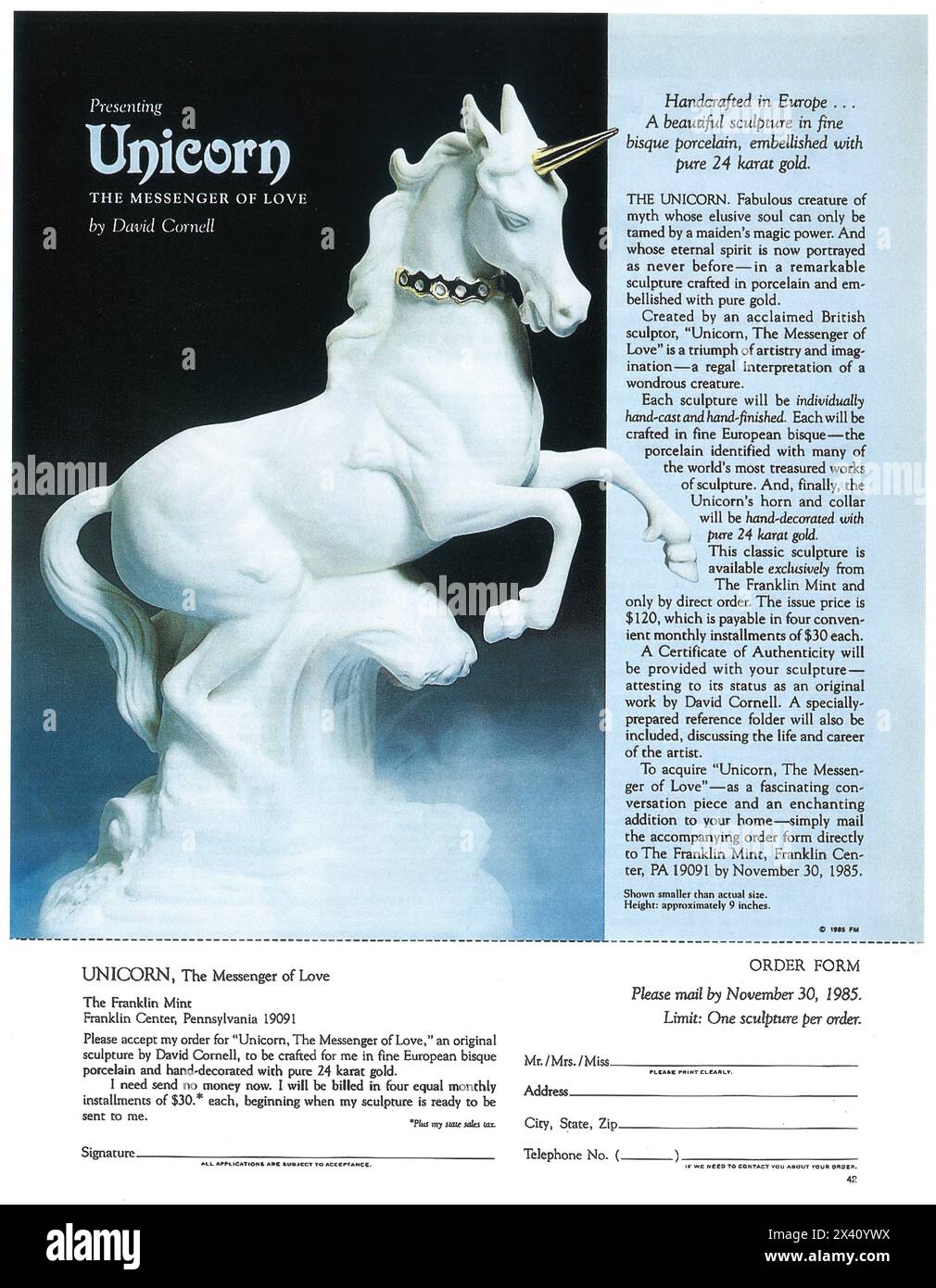 1985 The Franklin Mint Ad - Unicorn Porcelain Figure Stock Photo