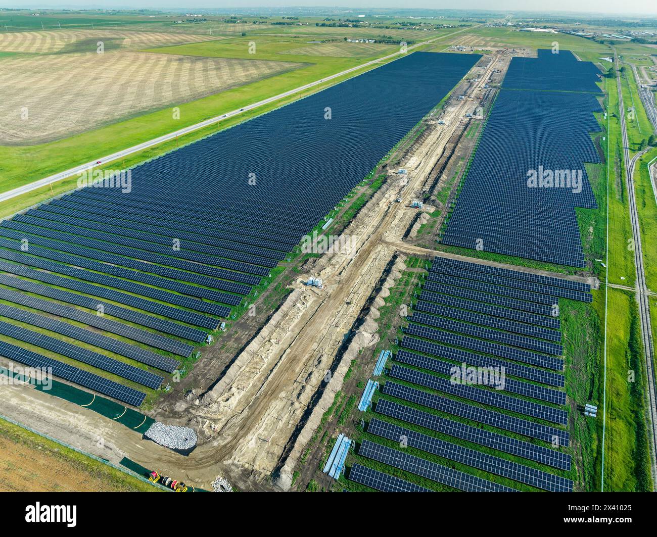 Aerial view of a large solar farm; High River, Alberta, Canada Stock Photo