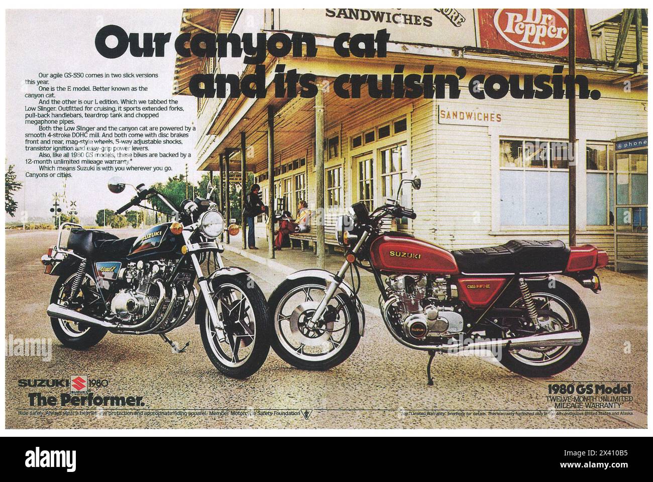 1980 Suzuki Motorcycles GS550 Ad -  Canyon Cat & Low Slinger Cruisin’ Cousin Stock Photo