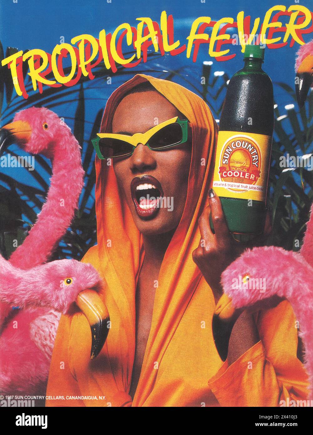 1987 Sun Country Tropical Cooler Ad with Grace Jones Stock Photo
