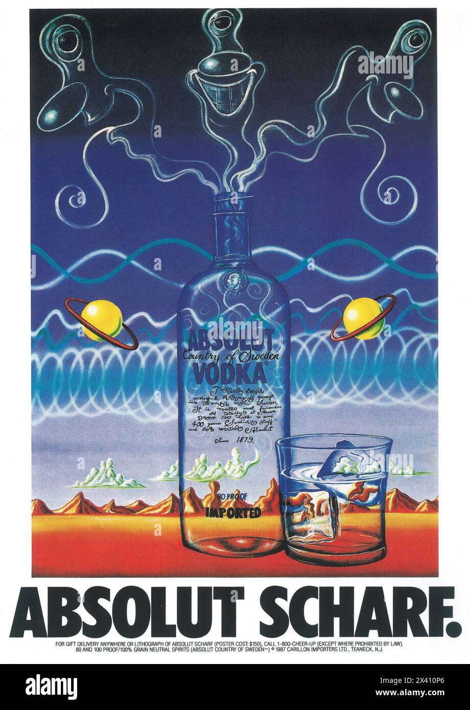 1987 Absolut Scharf Vodka Ad with Kenny Scharf art Stock Photo