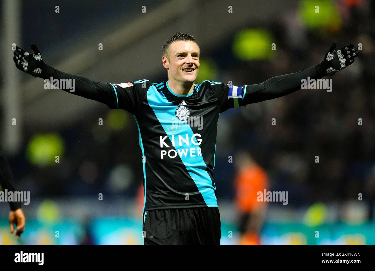 Leicester City's Jamie Vardy celebrates scoring their side's first goal of the game during the Sky Bet Championship match at Deepdale, Preston. Picture date: Monday April 29, 2024. Stock Photo