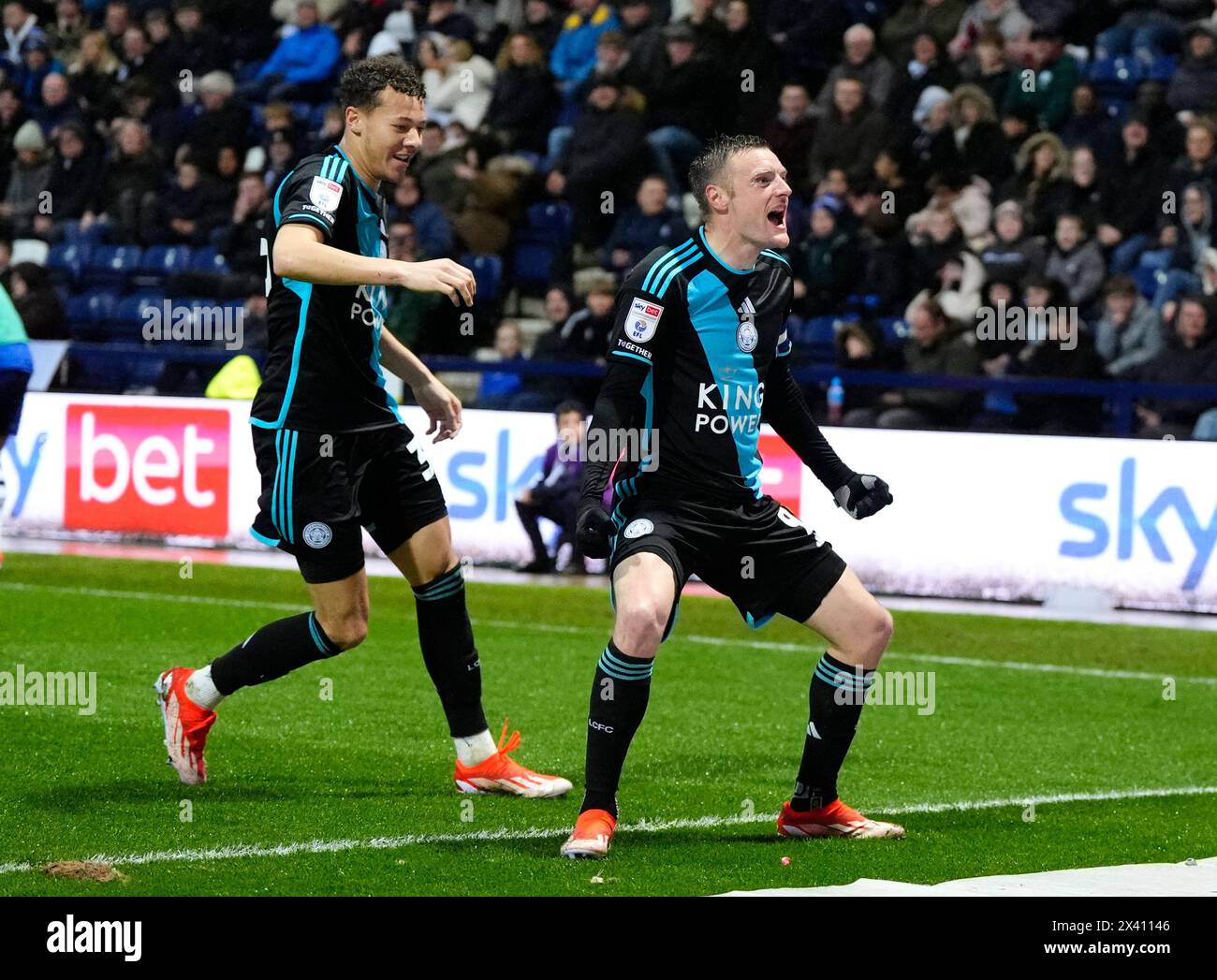 Leicester City's Jamie Vardy celebrates scoring their side's first goal of the game with Kasey McAteer (left) during the Sky Bet Championship match at Deepdale, Preston. Picture date: Monday April 29, 2024. Stock Photo