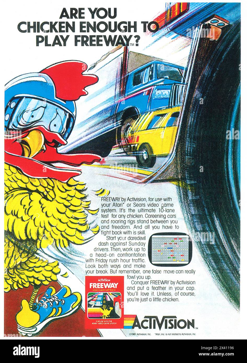 1981 Freeway video game by Activision Atari or Sears Video System Ad - 'Are you chicken enough to play Freeway?' Stock Photo