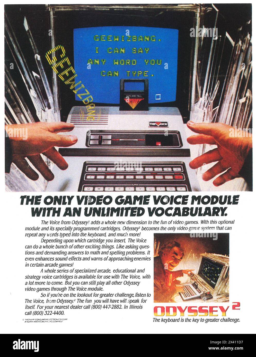 1982 Magnavox Odyssey 2 game system ad - 'The only video game voice module...' Stock Photo