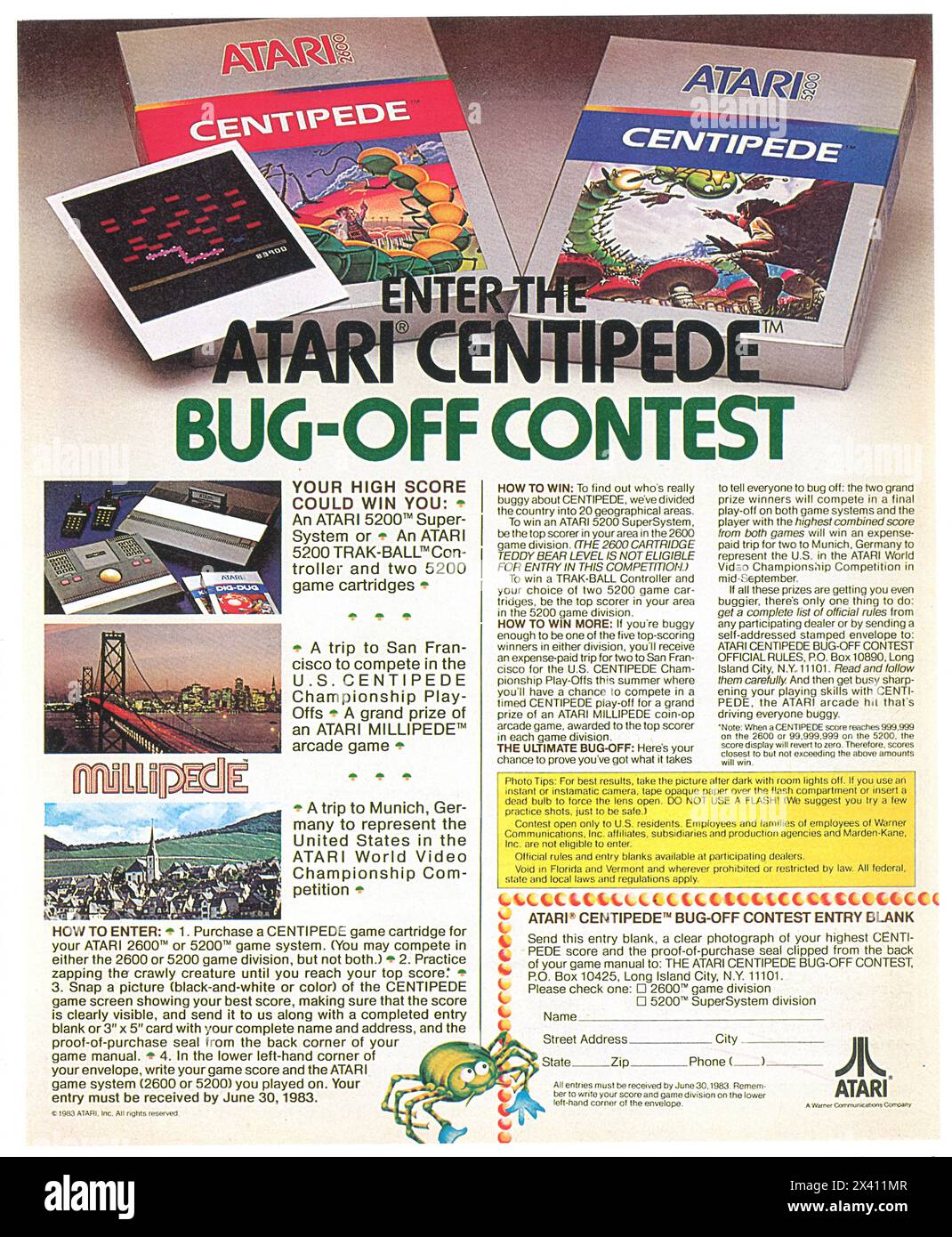 1983 Atari Video Games Ad - Enter the Atari Centipede bug-off contest Stock Photo
