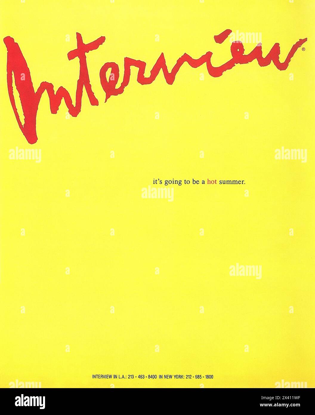 1989 Interview magazine, founded by Andy Warhol and John Wilcock. ad -interviews with celebrities, artists, musicians, creative thinkers Stock Photo