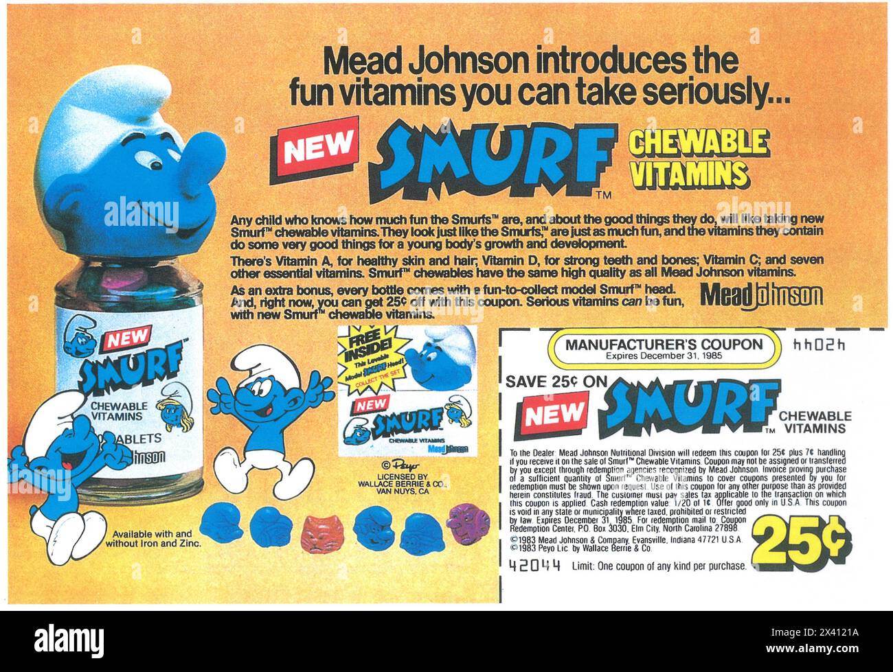 1984 Smurf chewable vitamins ad- Mead Johnson introduces Stock Photo