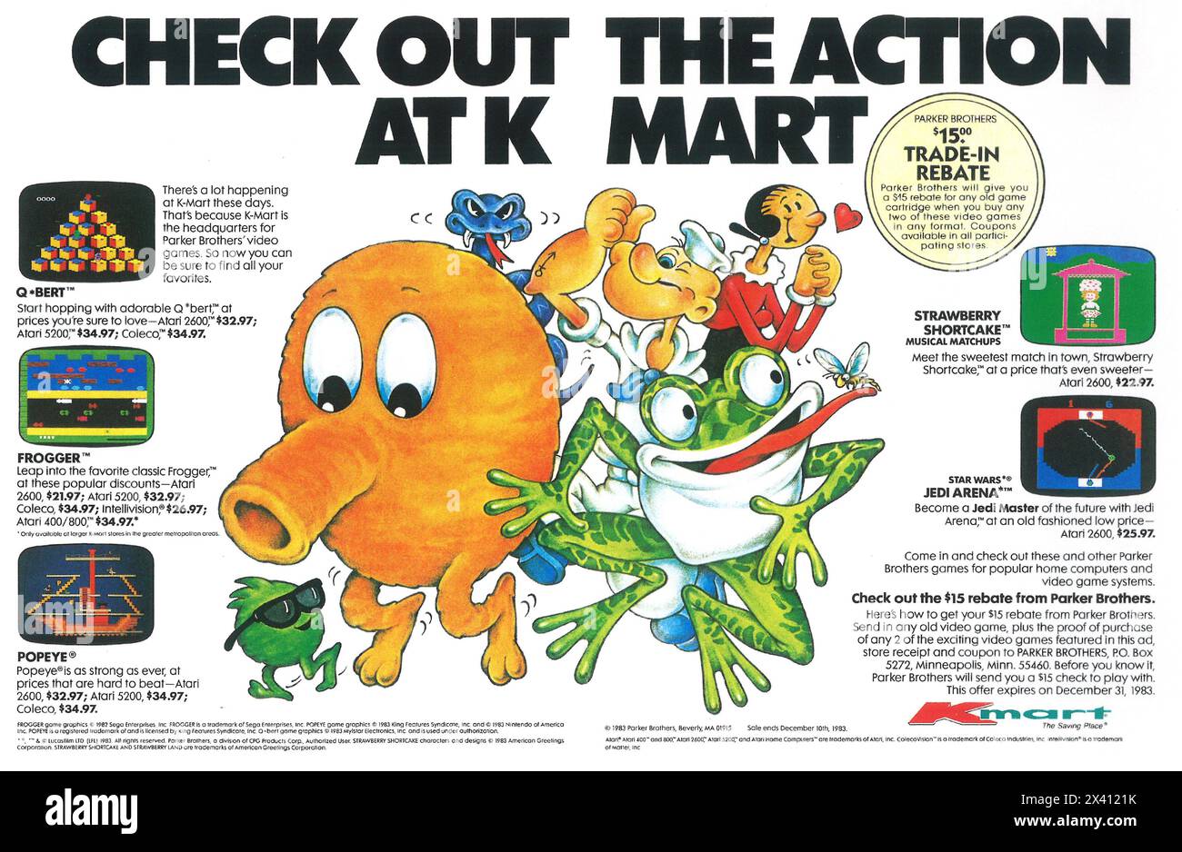 1983 Parker Brothers video games at K Mart ad - Frogger, Q Bert, Star Wars Jedi Arena games, Popeye Stock Photo