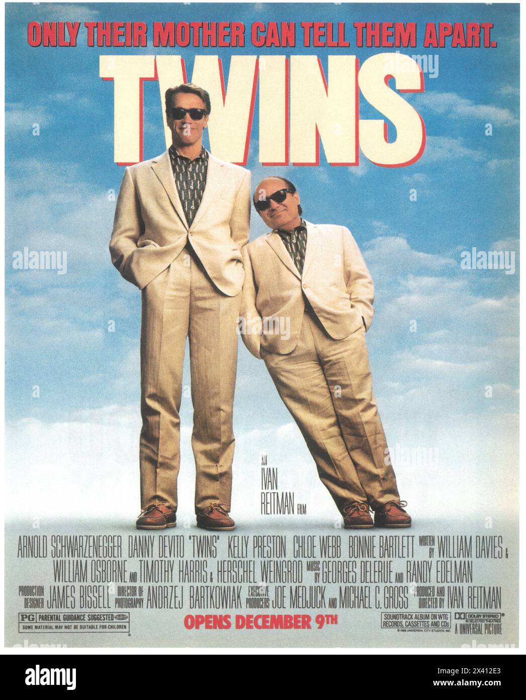 1988 Twins film poster, Director Ivan Reitman, with  Arnold Schwarzenegger, Danny DeVito Stock Photo