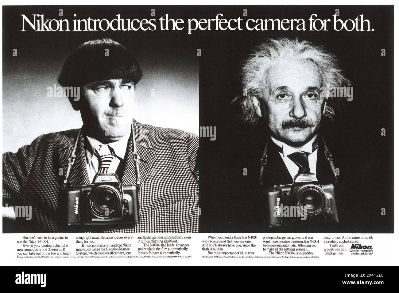 1988 Nikon N4004 camera advert with Moe Howard of The Three Stooges and Albert Einstein Stock Photo
