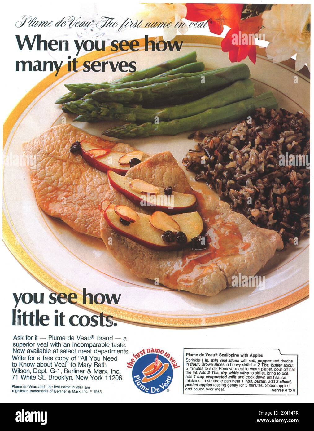 1983 Plume De Veau Veal Ad - Scallopine with apples receipt Stock Photo
