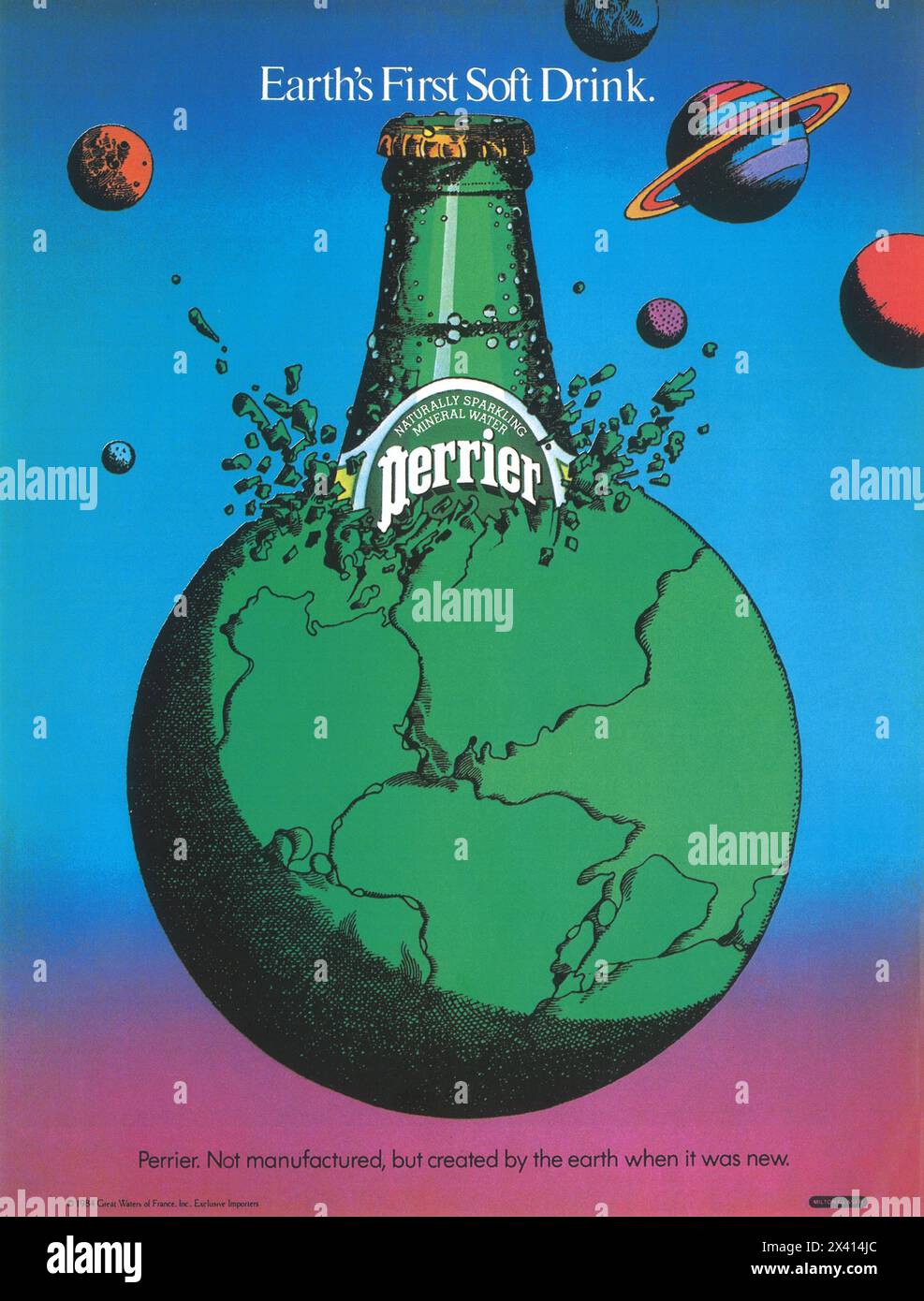 1984 Perrier Mineral Water Ad with Milton Glaser design art - Earth's first soft drink Stock Photo