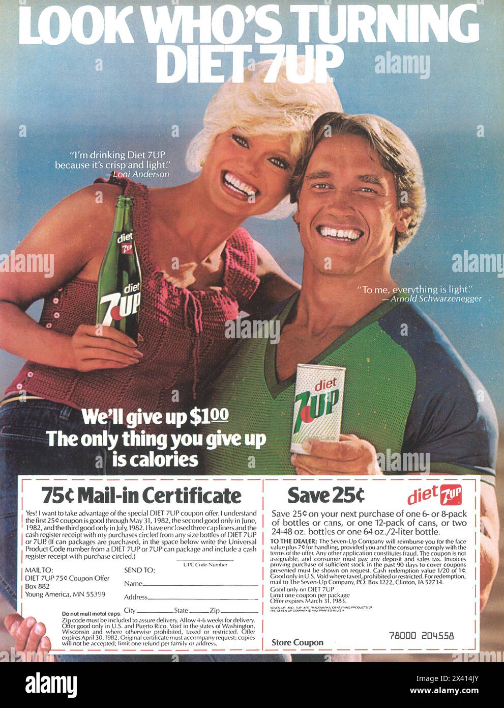 1982 Diet 7UP ad with Arnold Schwarzenegger and Loni Anderson Stock Photo