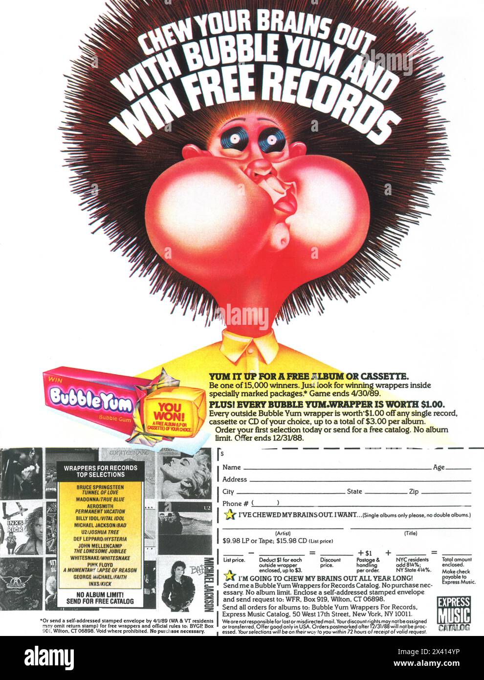 1988 Bubble Yum Gum Ad -  'Chew your brains out with bubble Yum and win free records' Stock Photo