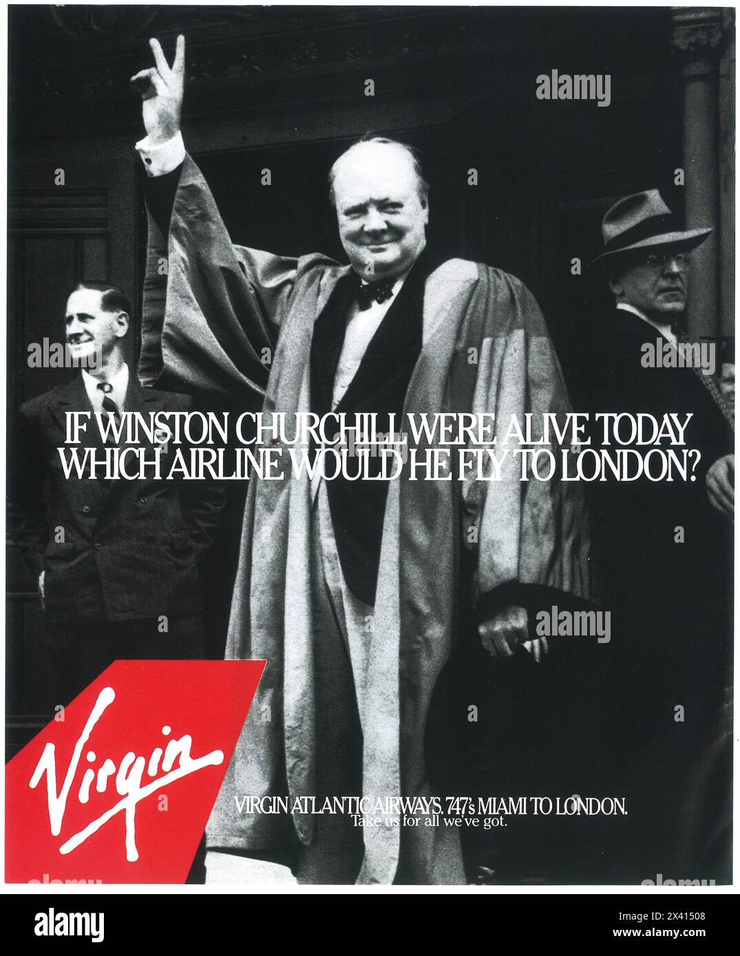 1986 Virgin Atlantic Airways Ad with Winston Churchill - 747 Miami to London Stock Photo