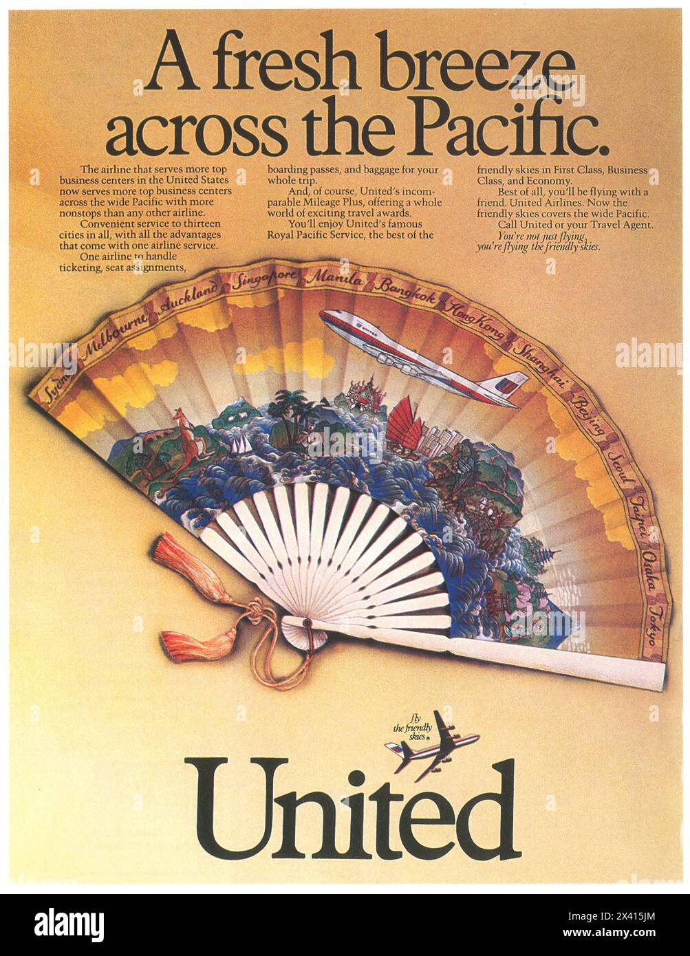 1986 United Airlines ad - 'A fresh breeze across the Pacific ' Stock Photo