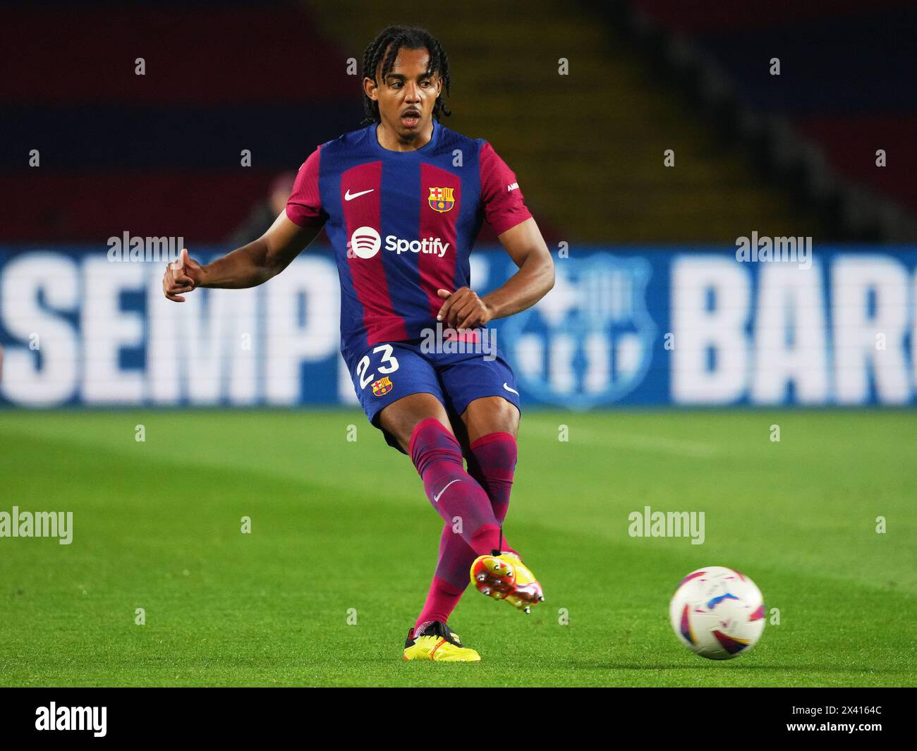 Barcelona, Spain. 29th Apr, 2024. Jules Kounde of FC Barcelona during the La Liga EA Sports match between FC Barcelona and Valencia CF and played at Lluis Companys Stadium on April 29, 2024 in Barcelona, Spain. (Photo by Alex Carreras/IMAGO) Credit: PRESSINPHOTO SPORTS AGENCY/Alamy Live News Stock Photo