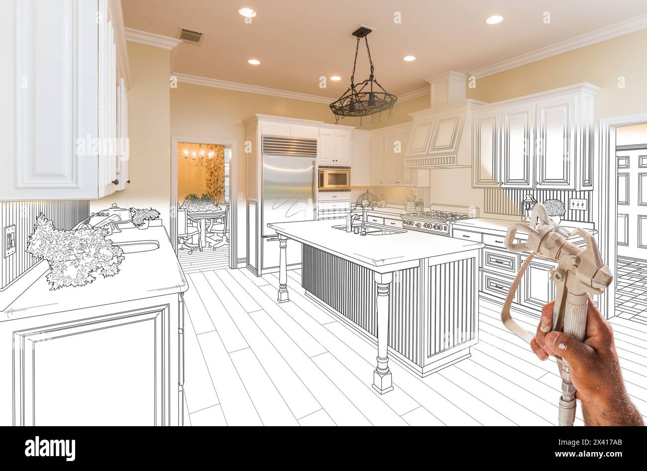 Professional Spray Painter Holding Spray Gun Spraying Renovated Kitchen ...