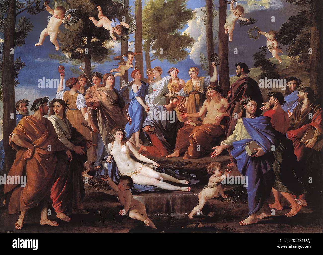 POUSSIN, Nicolas (b. 1594, Les Andelys, d. 1665, Roma)  Apollo and the Muses (Parnassus) 1630s Oil on canvas, 125 x 197 cm Museo del Prado, Madrid  Nicolas Poussin was undoubtedly the most important French artist of the seventeenth century, and the major exponent of Baroque classicism. Although he worked in Rome most of his life, his influence not only in Italy but also on French painting was profound. His art was richly informed by prolonged study of the classical past and of the High Renaissance - both of classical sculpture and of Raphael and Titian. He created an extraordinarily controlled Stock Photo